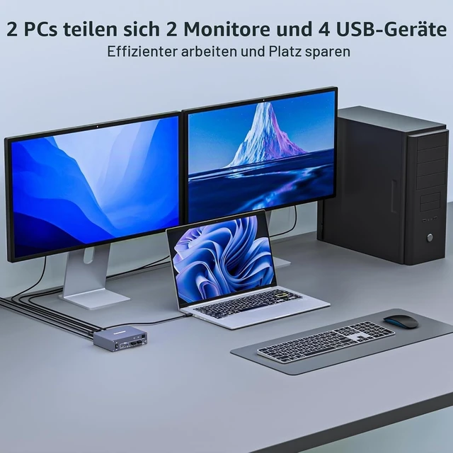 Alt view image 2 of 7 - USB C KVM Switch 2 Monitors 1 Laptop 1 Desktop 4K@60Hz, HDMI Dual Monitor KVM Switch 2 Computers Share 2 Monitors and 4 USB3.0 Ports, 80W PD Charging, Wired Remote,USB-C Cable and 12V Adapter Included