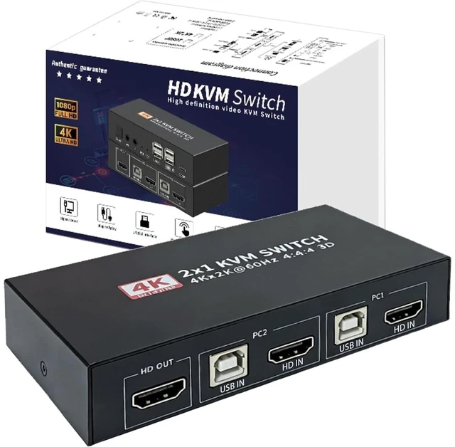 Main image of 2 Port HDMI KVM Switch 4K@60Hz, 2 Computers Share 1 Monitor Keyboard Mouse USB Hub, Plug & Play KVM Switcher with Hotkey & Button Switch for Office Gaming PC Laptop
