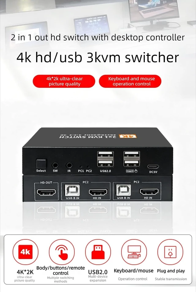 Alt view image 3 of 7 - 2 Port HDMI KVM Switch 4K@60Hz, 2 Computers Share 1 Monitor Keyboard Mouse USB Hub, Plug & Play KVM Switcher with Hotkey & Button Switch for Office Gaming PC Laptop