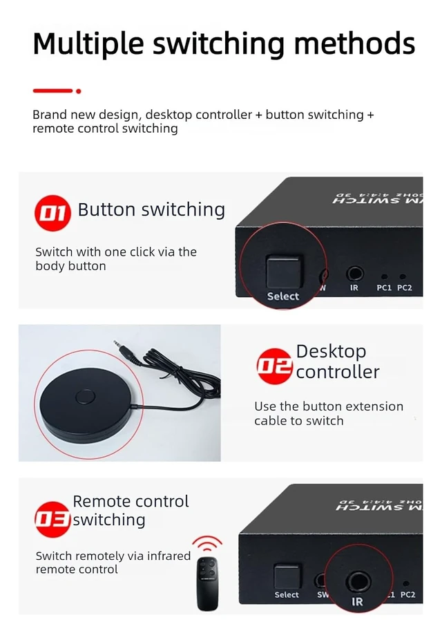 Alt view image 7 of 7 - 2 Port HDMI KVM Switch 4K@60Hz, 2 Computers Share 1 Monitor Keyboard Mouse USB Hub, Plug & Play KVM Switcher with Hotkey & Button Switch for Office Gaming PC Laptop
