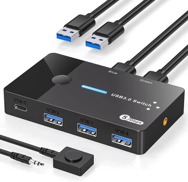 Main image of USB 3.0 Switch 2 Computers Keyboard Mouse Switcher USB A Hub Switches Selector for 2 PC or Laptop Share 3 USB A Ports and 1 USB C Port with Extended Controller