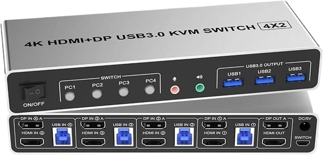 Main image of USB Charger Station, 4 Port DP Monitor Switch PCs 2 Dual 4K KVMs Microphone Output 3 USB