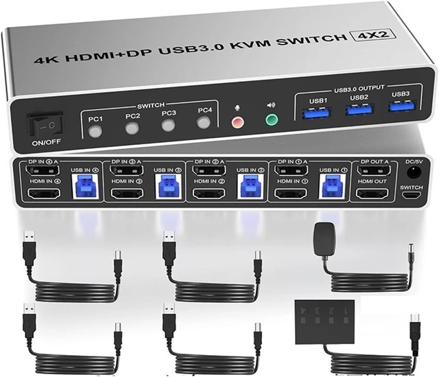 Alt view image 2 of 3 - USB Charger Station, 4 Port DP Monitor Switch PCs 2 Dual 4K KVMs Microphone Output 3 USB