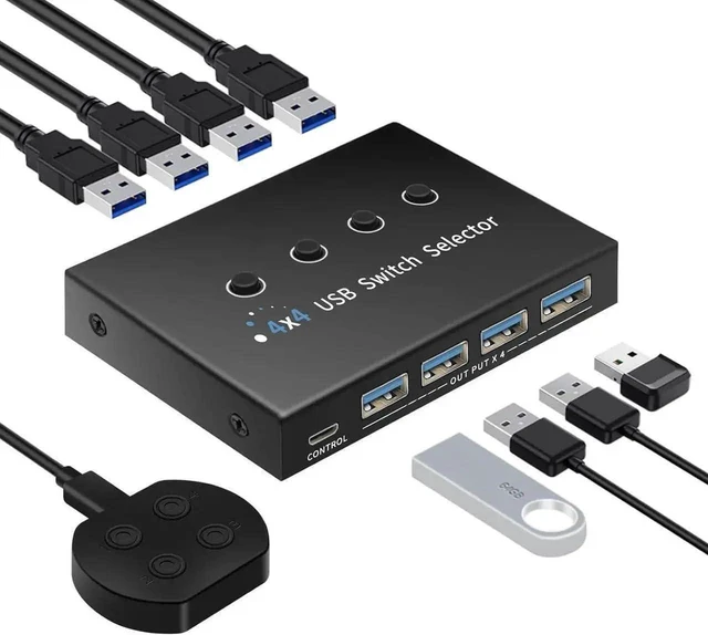 Main image of USB 3.0 Switch 4 Computers 3 Computers Keyboard Mouse Switch,4 Port USB Switch Selector Sharing 4 USB Devices,USB Switcher Compatible with Mac/Windows/Linux,with Desktop Controller and 4 USB Cable