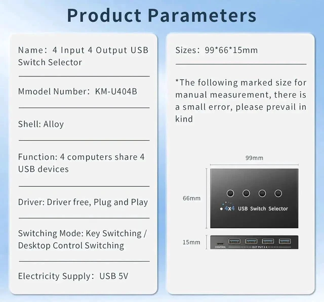 Alt view image 5 of 7 - USB 3.0 Switch 4 Computers 3 Computers Keyboard Mouse Switch,4 Port USB Switch Selector Sharing 4 USB Devices,USB Switcher Compatible with Mac/Windows/Linux,with Desktop Controller and 4 USB Cable