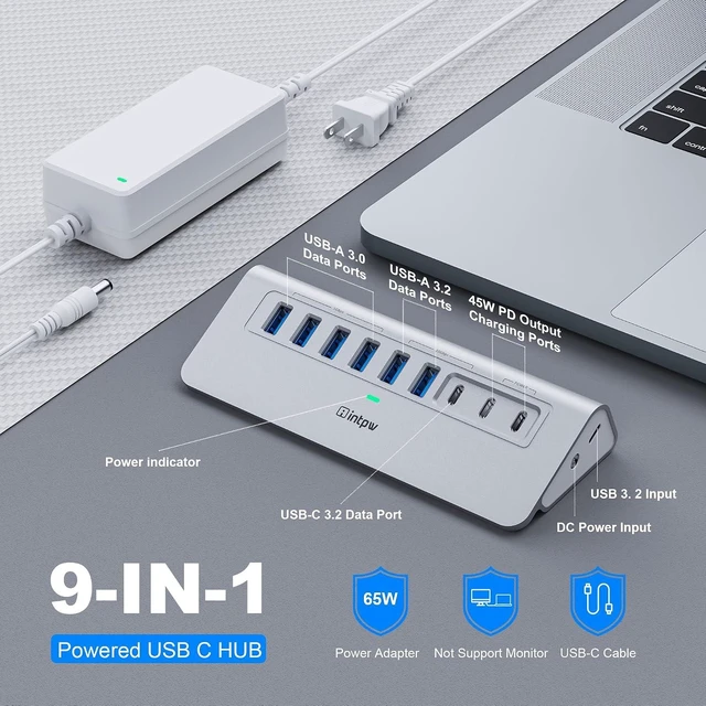 Alt view image 2 of 7 - intpw Powered USB Hub 10Gbps, 9-Port USB 3.2/USB C Hub, 65W Power Adapter