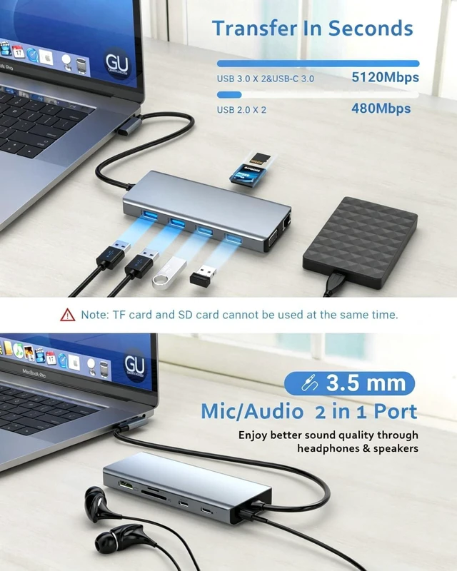 Alt view image 4 of 6 - USB C Hub, 12 in 1 Docking Station with 4K HDMI & 1080P VGA, 92W PD, 1Gbps Ethernet, USB-C 3.0 & 4 USB-A Data Ports, SD TF Card Reader, USB C Adapter for Surface Pro MacBook Pro Air & Windows