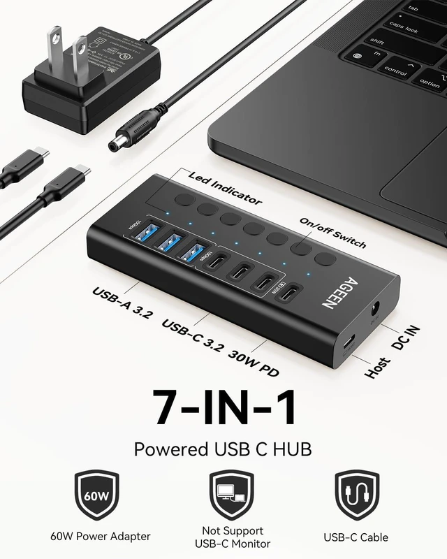 Alt view image 2 of 7 - Powered USB Hub,7 Ports 10Gbps USB C Hub, 3*USB-A 3.2+3*USB-C 3.2+1*PD 30W