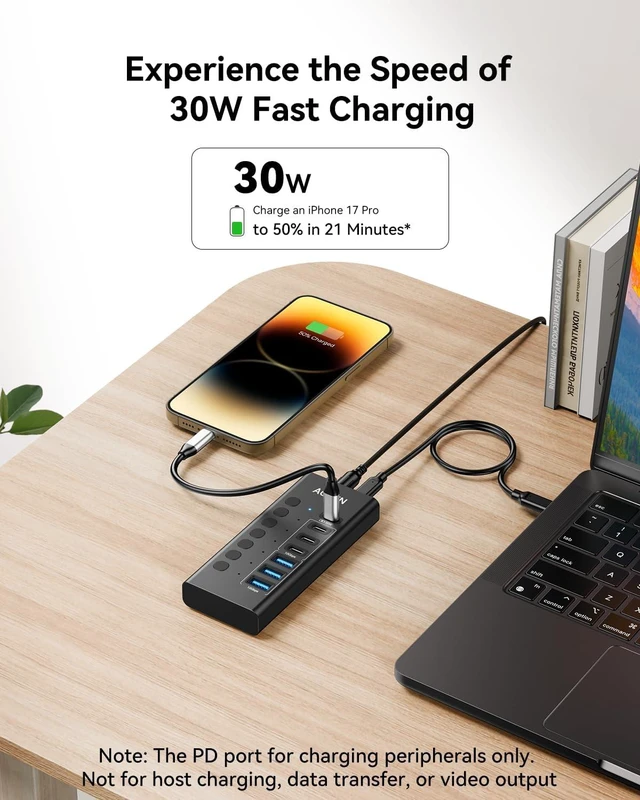 Alt view image 4 of 7 - Powered USB Hub,7 Ports 10Gbps USB C Hub, 3*USB-A 3.2+3*USB-C 3.2+1*PD 30W
