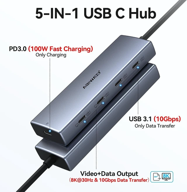 Alt view image 2 of 7 - 10Gbps USB C Hub, 5 Port USB C Splitter with 8K@30Hz USB-C Display Output