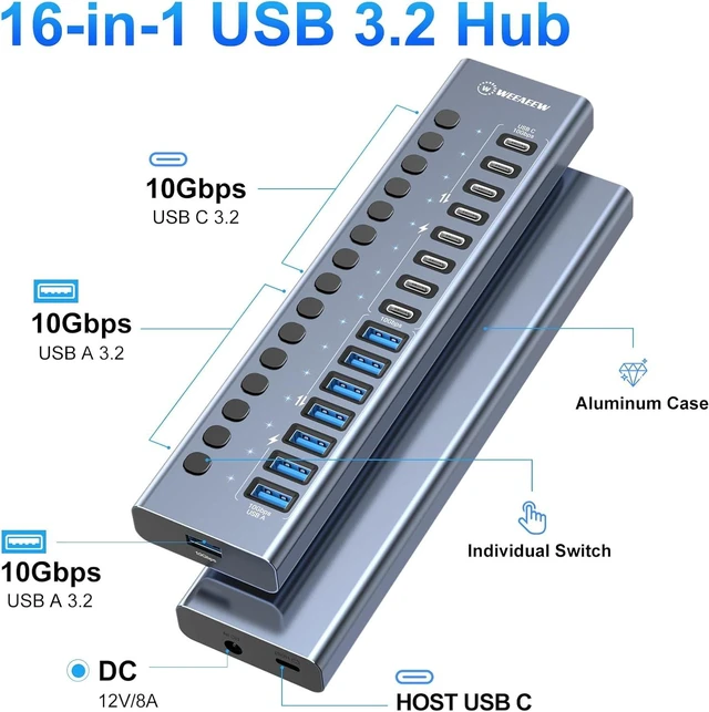 Alt view image 2 of 7 - Powered USB 3.2 Hub, 16 Port USB Hub with 10Gbps Data Speed, 8 USB-A & 8 USB-C Ports, 96W Power Adapter for PC, Laptop, Printer, Camera