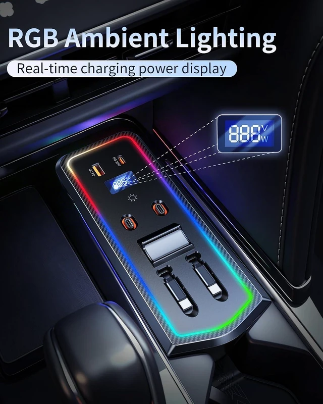 Alt view image 2 of 7 - Car Charger USB Hub with RGB Light for 2024 2025 2026 Toyota Camry Accessories, 4-Port Docking Station with Retractable Cable, Cell Phone Fast Charging Hub for Camry Se/Xse Hybrid Accessories