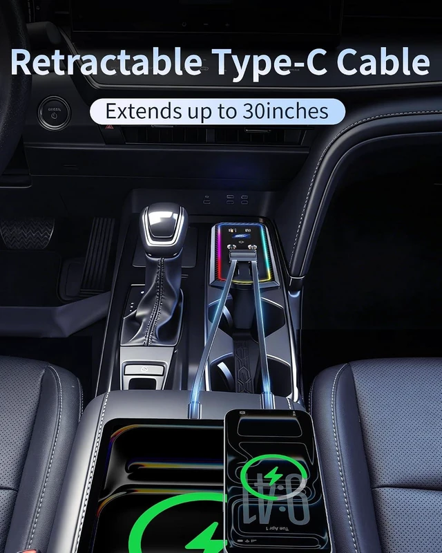 Alt view image 3 of 7 - Car Charger USB Hub with RGB Light for 2024 2025 2026 Toyota Camry Accessories, 4-Port Docking Station with Retractable Cable, Cell Phone Fast Charging Hub for Camry Se/Xse Hybrid Accessories