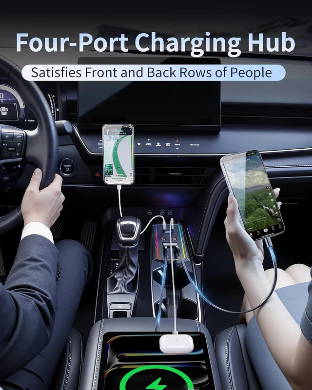 Alt view image 4 of 7 - Car Charger USB Hub with RGB Light for 2024 2025 2026 Toyota Camry Accessories, 4-Port Docking Station with Retractable Cable, Cell Phone Fast Charging Hub for Camry Se/Xse Hybrid Accessories