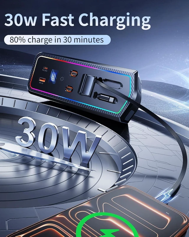 Alt view image 6 of 7 - Car Charger USB Hub with RGB Light for 2024 2025 2026 Toyota Camry Accessories, 4-Port Docking Station with Retractable Cable, Cell Phone Fast Charging Hub for Camry Se/Xse Hybrid Accessories