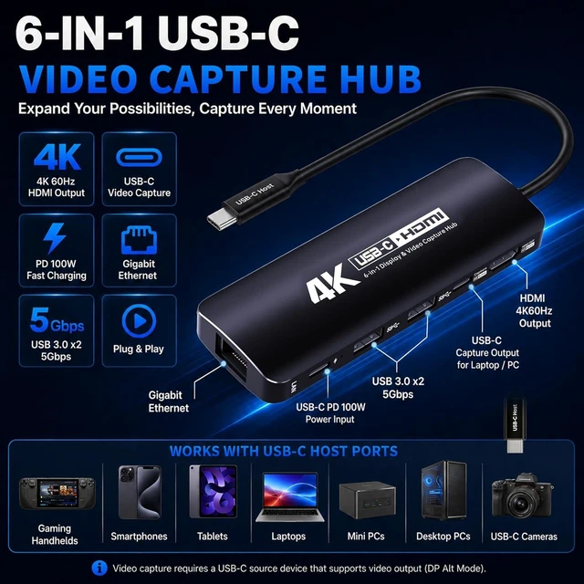 Alt view image 5 of 7 - Guermok USB-C Capture Card Dock for Switch 2 & Steam Deck, 4K60 & 1080P120