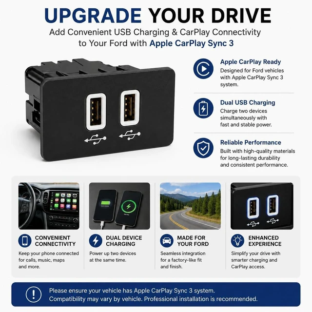 Alt view image 7 of 7 - CarPlay Dual USB Hub for Ford SYNC 3, HC3Z-19A387-B/HU5Z-19A387-A