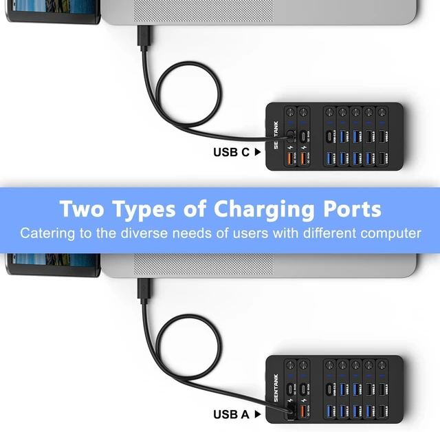 Alt view image 5 of 5 - Powered USB Hub,14 Ports USB Data Hub Splitter with 6 USB 3.0 Port,4 Charging Port,1 USB-C 3.0 Data Port,1 PD 60W Charging Port w LED Individual On/Off Switches for MacBook,Mac Pro,Laptop/PC