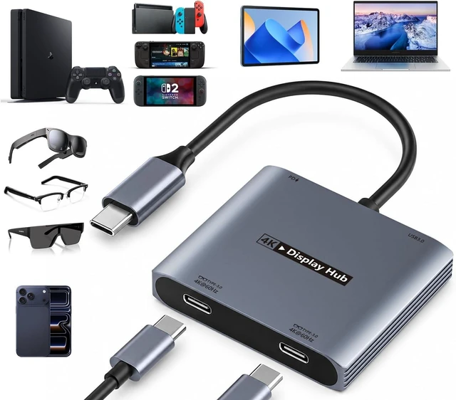 Main image of 4-in-1 Dual USB-C Display Hub for AR Glasses & Switch 2, 4K@60Hz, 100W PD
