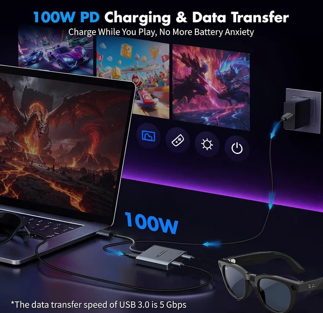 Alt view image 4 of 7 - 4-in-1 Dual USB-C Display Hub for AR Glasses & Switch 2, 4K@60Hz, 100W PD