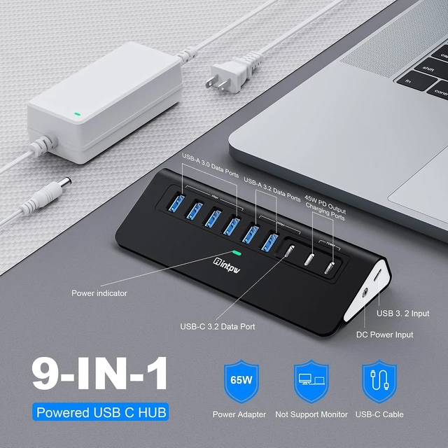 Alt view image 2 of 7 - Powered USB Hub 10Gbps,intpw 9-Port USB 3.2 Hub, USB C Hub with 3 USB 3.2, 4 USB 3.0, 2 PD 45W Charging Ports, 3.3FT Cable and 65W Power Adapter, Aluminum USB Hub for Laptop, iPhone 17/16PC