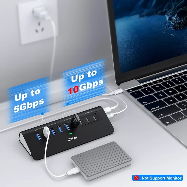 Alt view image 4 of 7 - Powered USB Hub 10Gbps,intpw 9-Port USB 3.2 Hub, USB C Hub with 3 USB 3.2, 4 USB 3.0, 2 PD 45W Charging Ports, 3.3FT Cable and 65W Power Adapter, Aluminum USB Hub for Laptop, iPhone 17/16PC