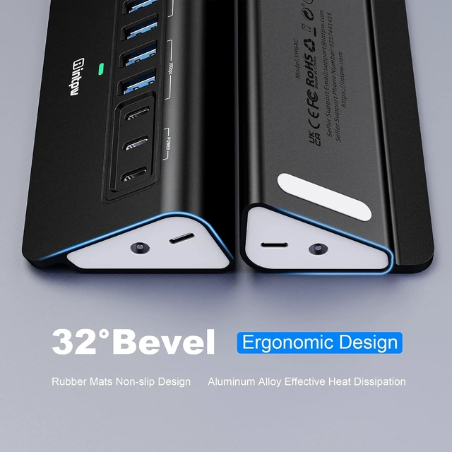 Alt view image 5 of 7 - Powered USB Hub 10Gbps,intpw 9-Port USB 3.2 Hub, USB C Hub with 3 USB 3.2, 4 USB 3.0, 2 PD 45W Charging Ports, 3.3FT Cable and 65W Power Adapter, Aluminum USB Hub for Laptop, iPhone 17/16PC