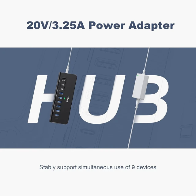 Alt view image 6 of 7 - Powered USB Hub 10Gbps,intpw 9-Port USB 3.2 Hub, USB C Hub with 3 USB 3.2, 4 USB 3.0, 2 PD 45W Charging Ports, 3.3FT Cable and 65W Power Adapter, Aluminum USB Hub for Laptop, iPhone 17/16PC