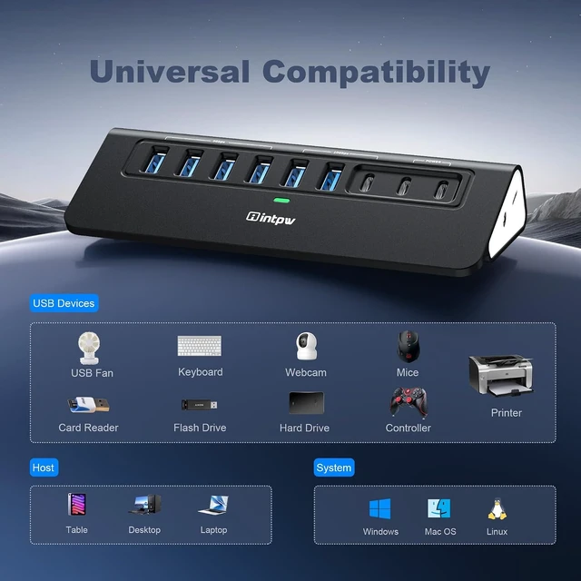 Alt view image 7 of 7 - Powered USB Hub 10Gbps,intpw 9-Port USB 3.2 Hub, USB C Hub with 3 USB 3.2, 4 USB 3.0, 2 PD 45W Charging Ports, 3.3FT Cable and 65W Power Adapter, Aluminum USB Hub for Laptop, iPhone 17/16PC