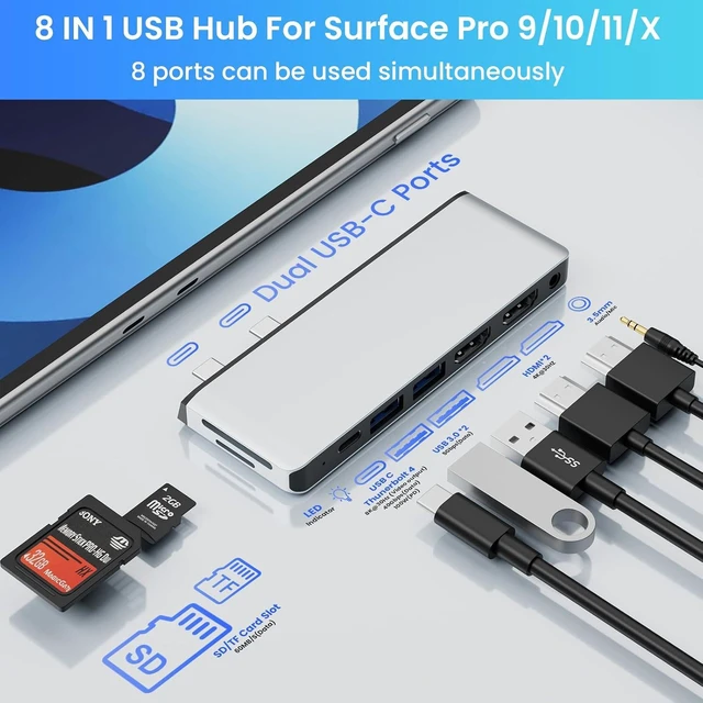 Alt view image 2 of 7 - Surface Pro 13/11/10/9/X USB C Hub with Dual 4K@60Hz HDMI, USB-C Thunerbolt 4 (8K Display+Data+100W Charging), 2*USB 3.0, SD/TF, 3.5mm Audio, Surface Pro 11 Adapter, Plug and Play