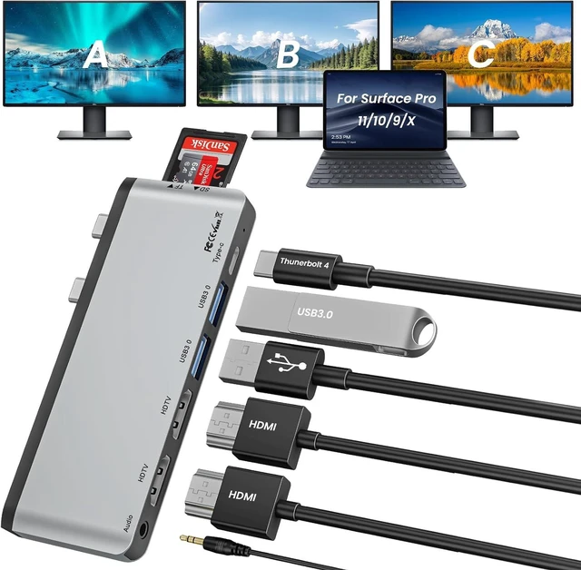 Main image of Surface Pro 13/11/10/9/X USB C Hub with Dual 4K@60Hz HDMI, USB-C Thunerbolt 4 (8K Display+Data+100W Charging), 2*USB 3.0, SD/TF, 3.5mm Audio, Surface Pro 11 Adapter, Plug and Play
