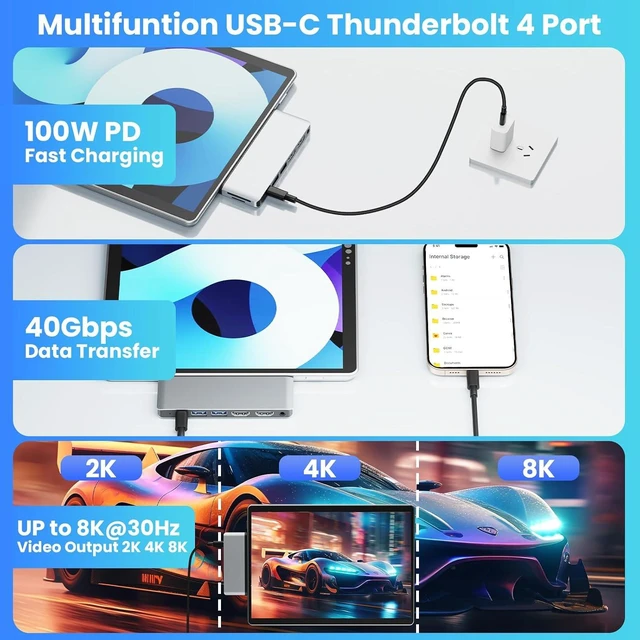 Alt view image 5 of 7 - Surface Pro 13/11/10/9/X USB C Hub with Dual 4K@60Hz HDMI, USB-C Thunerbolt 4 (8K Display+Data+100W Charging), 2*USB 3.0, SD/TF, 3.5mm Audio, Surface Pro 11 Adapter, Plug and Play