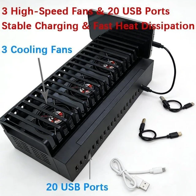 Alt view image 4 of 5 - Industrial Grade 20 Port USB Hub with 300W Power Supply, Fast Charging Station with Acrylic Stand and Cooling Fans, USB 2.0 High-Speed Data Transfer (1, Black)