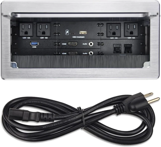 Main image of Connectivity Box with 4 AC Power+2 HDMI+2 Audio +2 LAN+1 USB-A Charger +1 USB-C Charger +1 USB3.0 Data with 5.58ft Power Cord for Conference Room (Silver)
