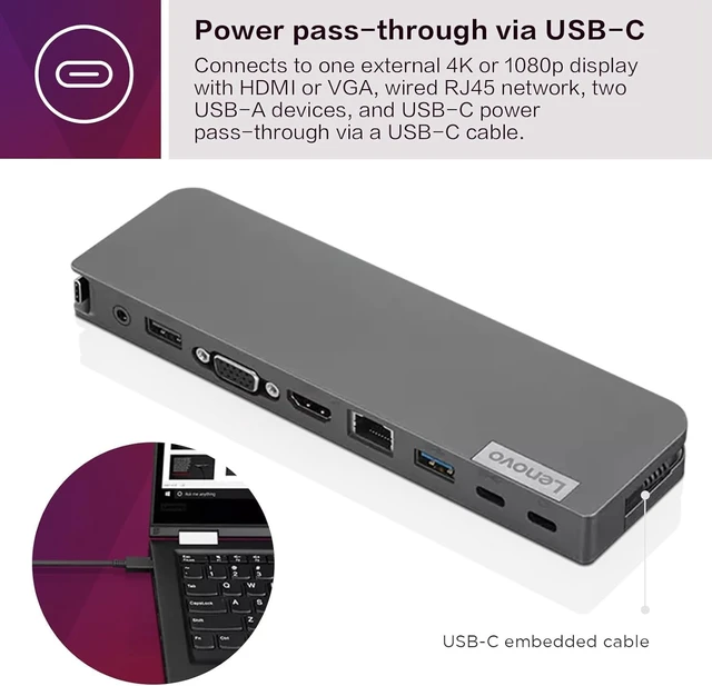 Alt view image 2 of 6 - USB-C Mini Dock, 7-in-1 Portable Docking Station with HDMI, VGA, USB-C, USB 3.1, USB 2, 3.5mm Audio, Ethernet, 45W Charging, Compatible with ThinkPad, Yoga, Elitebook, Latitude Laptops, G0A70065US