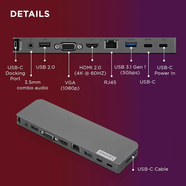 Alt view image 3 of 6 - USB-C Mini Dock, 7-in-1 Portable Docking Station with HDMI, VGA, USB-C, USB 3.1, USB 2, 3.5mm Audio, Ethernet, 45W Charging, Compatible with ThinkPad, Yoga, Elitebook, Latitude Laptops, G0A70065US