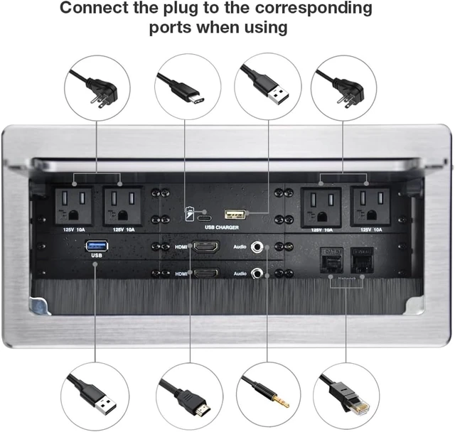Alt view image 2 of 7 - Connectivity Box with 4 AC Power+2 HDMI+2 Audio +2 LAN+1 USB-A Charger +1 USB-C Charger +1 USB3.0 Data with 5.58ft Power Cord for Conference Room (Silver)