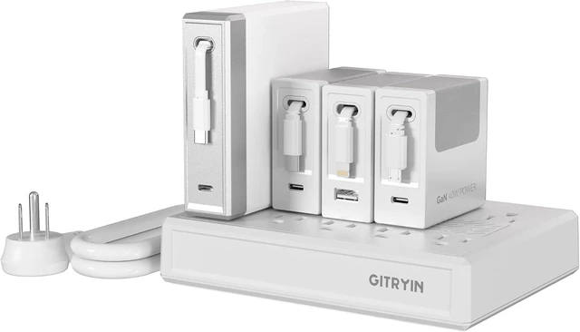 Main image of Gitryin Modular Laptop Charging Station, 140W, 3 * 40W Retractable Lightning, Micro USB, USB C Chargers, 1 Lightning, 1 Micro USB, 1 USB A, 5 USB C Ports with Cooling Power Strip, 260W Charging Hub