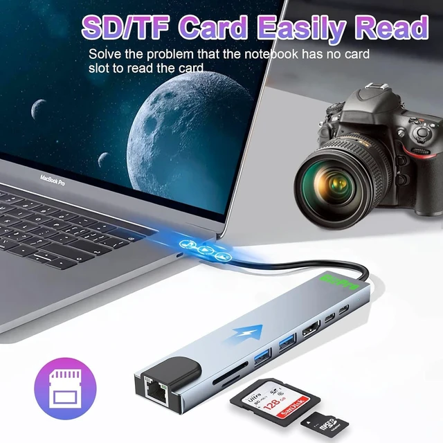 Alt view image 2 of 6 - USB-C Dock, 8 in 1 with 4K HDMI, 100W PD, USB-C Port, USB 3.0, RJ45 Ethernet, SD/TF Card Reader, Docking Station Compatible with MacBook Pro/Air, Laptops and Other Type C Devices