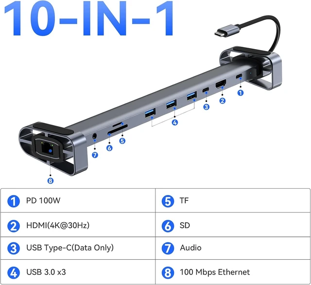Alt view image 3 of 7 - 10-in-1 USB-C Laptop Docking Station with Adjustable Stand, 100W Power Delivery, 4K HDMI, Gigabit Ethernet, SD/TF Card Reader, 3 USB 3.0 Ports (Silver)