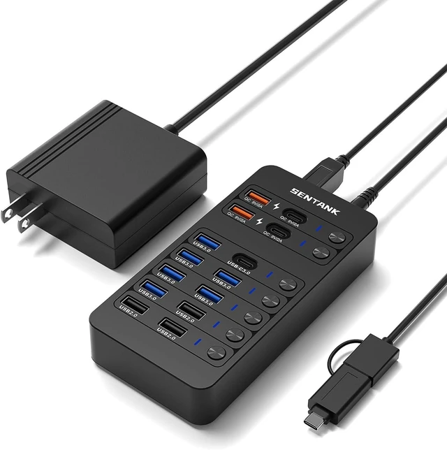 Main image of Powered USB Hub, SENTANK 14 Ports USB 3.0 Hub Splitter (4 Quick Charge Ports) Comes with 60W Power Adapter and Individually Switched LEDs for Mac & PC