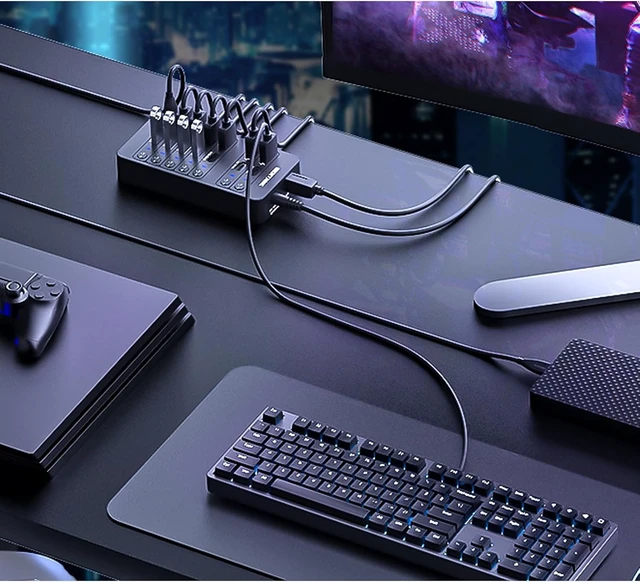 Alt view image 4 of 7 - Powered USB Hub, SENTANK 14 Ports USB 3.0 Hub Splitter (4 Quick Charge Ports) Comes with 60W Power Adapter and Individually Switched LEDs for Mac & PC