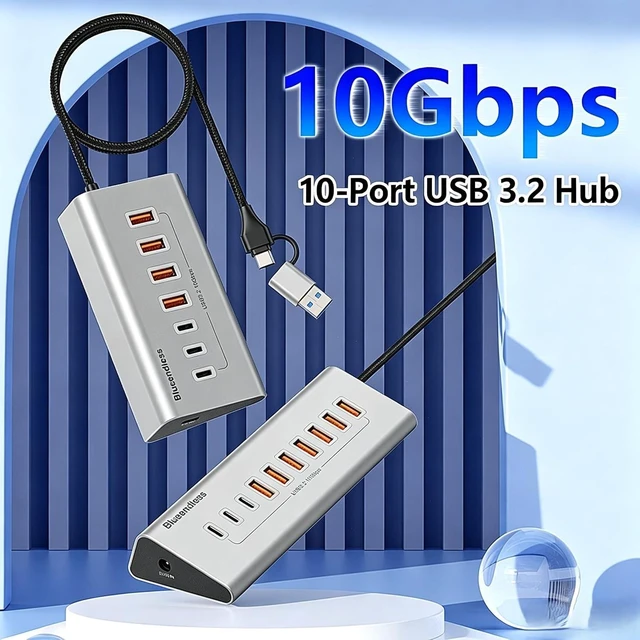 Alt view image 5 of 7 - 10-Port 60W Powered USB 3.2 Hub, Aluminum 10Gbps USB Hub for Laptop, PC