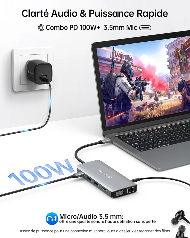 Alt view image 5 of 7 - USB C Docking Station, NOVOO 11 in 1 USB C Hub, Multiport Adapter USB C Hub with 4K@60Hz HDMI, 4 USB-A Data Ports, SD/TF, Ethernet 1Gbps, VGA, 3.5mm for MacBook, Dell, HP, Lenovo ThinkPad