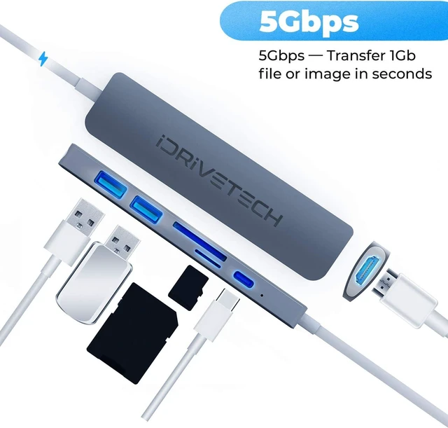 Alt view image 2 of 6 - USB C Hub Multiport Adapter - iDriveTech 6 in 1 Docking Station - 2X USB 3.0 Ports, HDMI USB C Adapter, SD/TF Card Reader, USB C Port - Compatible with MacBook and USB Type C Devices
