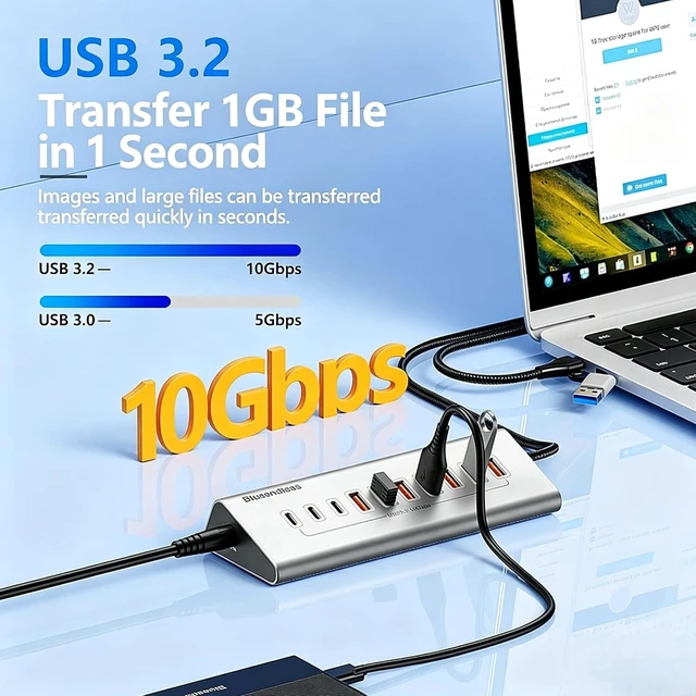 Alt view image 2 of 7 - 10-Port 60W Powered USB 3.2 Hub, Aluminum 10Gbps USB Hub for Laptop, PC