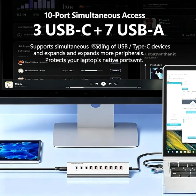 Alt view image 4 of 7 - 10-Port 60W Powered USB 3.2 Hub, Aluminum 10Gbps USB Hub for Laptop, PC