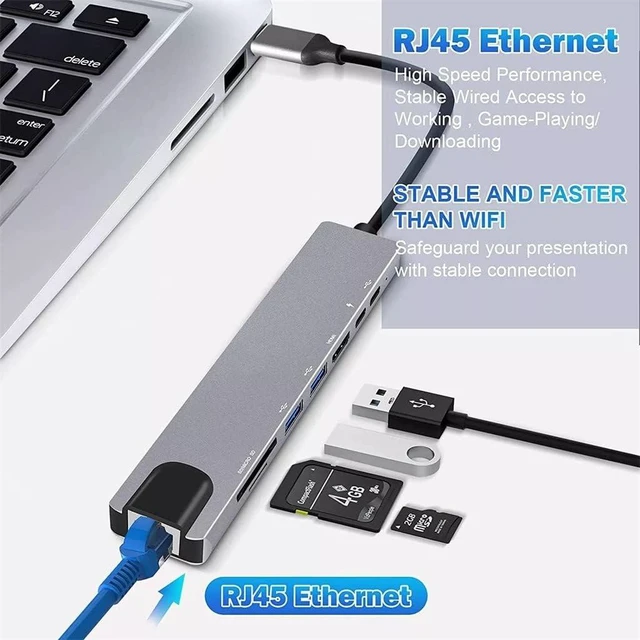 Alt view image 2 of 6 - C Hub 8 in 1 Type C 3.1 to 4K Adapter with RJ45 SD/TF Card Reader PD Fast Charge(D)