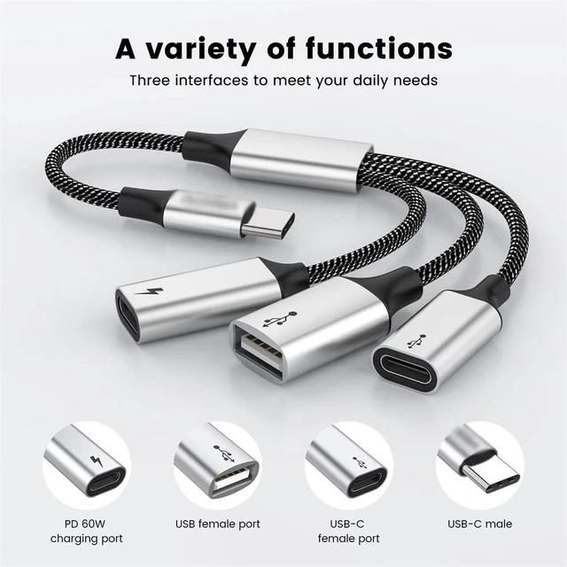 Alt view image 3 of 5 - Type C to 2.0 USBC Dock HUB 3 in 1 C OTG Adapter PD60W Charge for(Black)