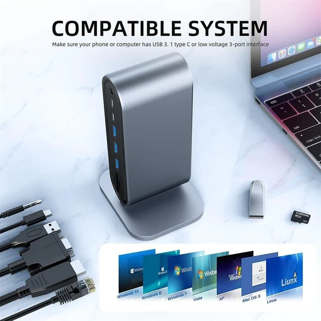 Alt view image 5 of 6 - 14 in 1 Type C Hub Type-C to 2 4K VGA Adapter RJ45 SD TF PD USB-C 3.0 .5mm Audio/Mic
